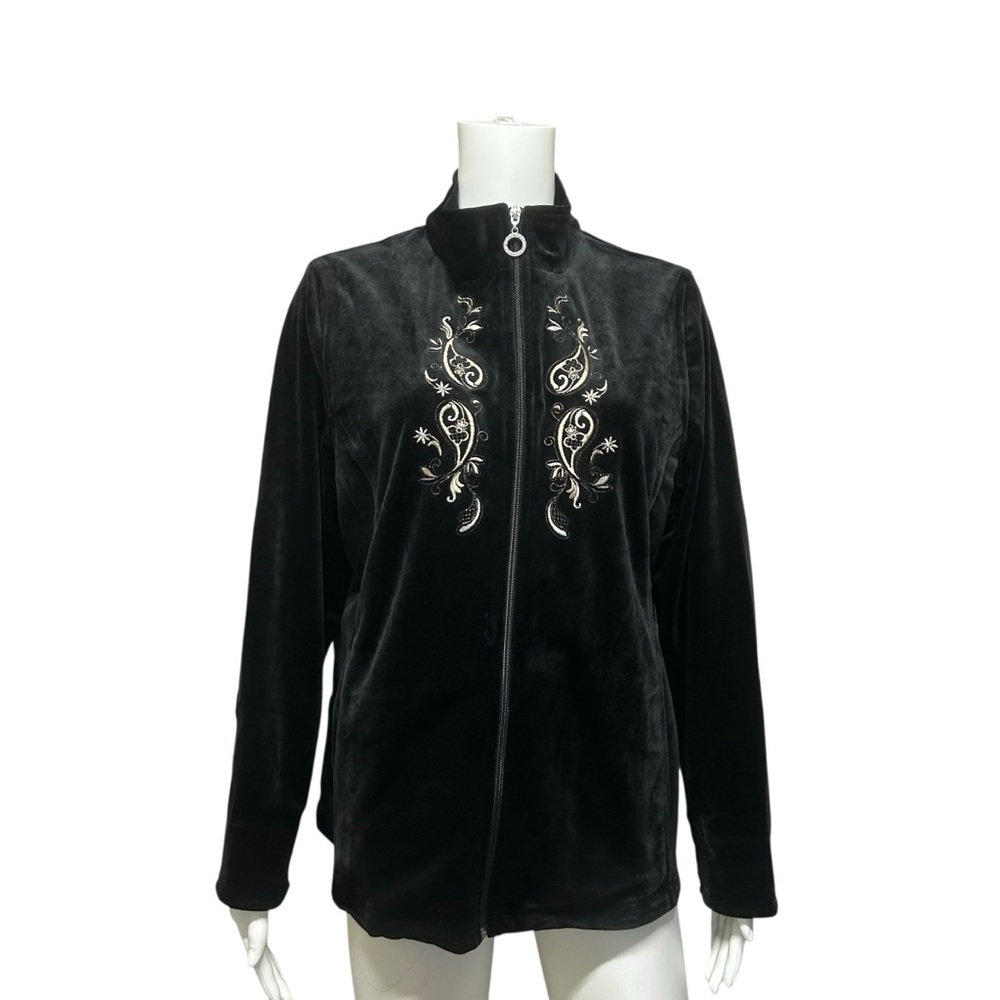 Alia Black Velvet Jacket Gold Paisley Embroidery Zip Up Size LP